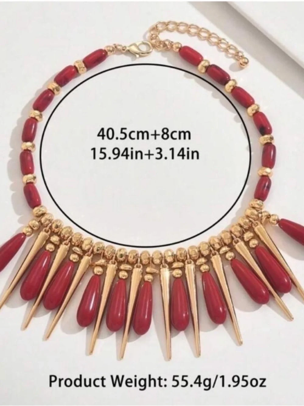 Red Ember Drop Fringe Necklace – Golden Drama Piece - Picture 4 of 4
